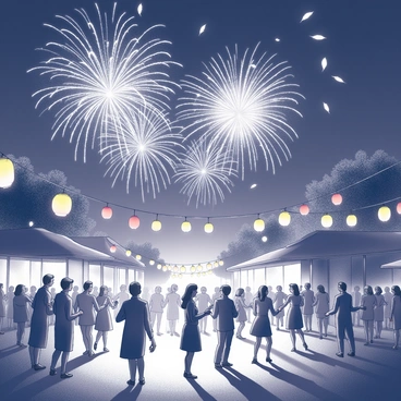 A night scene depicting a lively festival. The sky is illuminated by bright fireworks exploding in various shapes and sizes. Colorful lanterns hang from trees and buildings, casting intricate shadows on the ground. Groups of villagers are gathered together, some dancing while others are laughing and enjoying the festivities. The atmosphere is filled with excitement as people engage in celebration, creating a sense of community and joy throughout the scene.