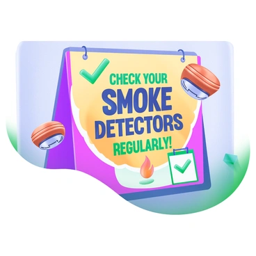 A vibrant poster on a textured wall displays the words "Check Your Smoke Detectors Regularly" in large, bold letters. The background features a cheerful gradient of colors, transitioning from yellow at the top to light blue at the bottom. Surrounding the text are illustrations of smoke detectors, a checklist with a green check mark, and a small flame icon, all rendered in soft pastel hues. The overall composition of the poster is eye-catching and spreads an informative message effectively.