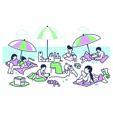 A beach scene filled with families enjoying their time together. In the foreground, there are several colorful umbrellas providing shade. A group of children is building a sandcastle, complete with towers and a moat. Nearby, adults are lounging on beach towels, some are reading books while others are chatting. In the background, gentle waves break on the shore, while a few people can be seen wading in the water. A cooler with snacks is placed next to one of the umbrellas, and beach toys are scattered in the sand.