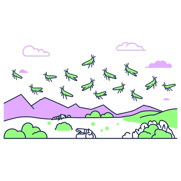 A large swarm of grasshoppers is migrating across an open landscape. The grasshoppers are depicted in varying sizes, with their long legs and antennae prominently visible. They are shown in mid-flight, creating a dynamic movement across the scene. The landscape below features gently rolling hills and sparse patches of vegetation. Some grasshoppers are closer to the foreground, while others are scattered further into the background, creating a sense of depth. The sky above is expansive, enhancing the feeling of openness in the environment.