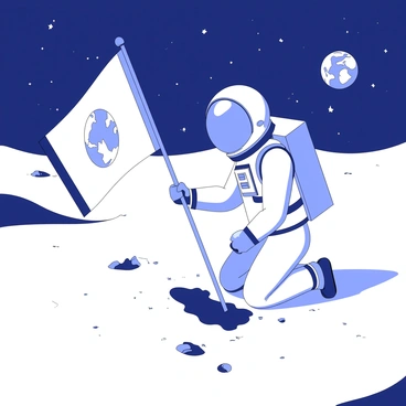 An astronaut is kneeling on the surface of a newly discovered planet, planting a flag into the ground. The flag is unfurled and displays a recognizable emblem. The astronaut is wearing a bulky space suit with a reflective visor that obscures their face. In the background, the vast expanse of space is visible, with numerous stars scattered across the sky. Earth can be seen in the distance, a small bluish sphere, contrasting with the rugged terrain of the planet's surface. The ground is uneven and rocky, with small craters and dust surrounding the astronaut's position.