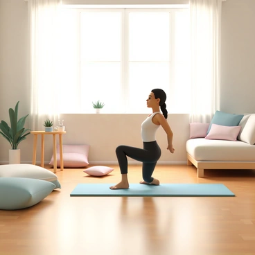 A cozy living room with warm-toned wooden flooring and soft ambient lighting. In the center of the room, a person is performing glute kickbacks on a light blue yoga mat. The person, wearing black workout leggings and a fitted white tank top, is positioned on all fours, lifting one leg behind them. Around the room, there are plush cushions scattered on a comfortable sofa, a small coffee table with a steaming cup of tea, and a few potted plants adding a touch of greenery. A large window with sheer curtains allows soft daylight to filter in, creating a welcoming atmosphere.