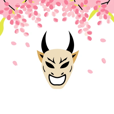 A "hannya mask" with intricate details, showcasing sharp horns and an expressive face, is positioned at the center of the image. Surrounding the mask is a "cascading shower of sakura petals," delicately falling from above. The petals are in various shades of pink, creating a vibrant contrast against the mask. The background features soft hints of green, representing the natural environment where the sakura blooms. The overall composition highlights the elegance and intensity of the hannya mask amidst the gentle fall of the sakura petals.