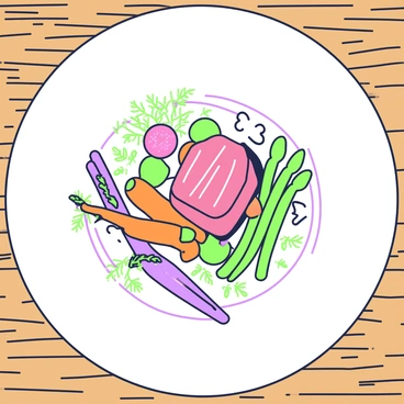 A gourmet dish is presented on a white plate, showcasing a carefully arranged composition. The main protein, a perfectly seared piece of meat, is placed in the center, surrounded by a colorful array of vegetables. There are green asparagus spears and sautéed carrots arranged artistically around the meat. A small dollop of vibrant sauce is drizzled elegantly over the dish. Garnishes include microgreens and edible flowers adding texture and a touch of sophistication. The plate is set on a rustic wooden table, enhancing the overall presentation of the gourmet meal.
