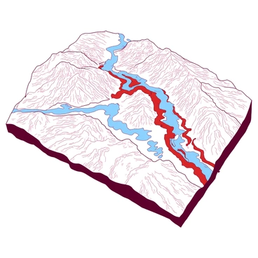 A topographic map is displayed, featuring textured mountain ranges, valleys, and plains. The map prominently highlights major fault lines, which are represented with bold and distinct lines. The lines are colored in "red" and "blue," creating a striking contrast against the earthy tones of the terrain. Various elevations are marked with contour lines, while significant geological features, such as lakes and rivers, are included, adding detail to the landscape. The overall composition conveys the geological complexity of the region, drawing attention to the faults that define the area's tectonic characteristics.
