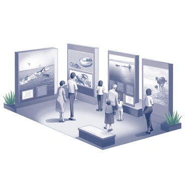 An outdoor exhibition features a series of large display panels arranged in a landscaped area. Each panel showcases impactful photographs that highlight various instances of plastic pollution around the world. The images depict littered beaches, wildlife entangled in plastic debris, and urban landscapes filled with discarded plastic items. A diverse group of visitors, including families and individuals, are seen engaging with the exhibits, reading information displayed alongside the photographs. The setting includes greenery and benches for the audience to sit and reflect on the images presented.