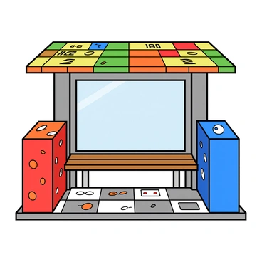 A bus stop constructed to resemble a board game theme. The structure features a bright, colorful roof shaped like a giant game board. Oversized dice, one red and one blue, are positioned on either side of the stop, each displaying numbers in bold black text. The bench at the stop is designed to look like a game piece, with a glossy finish and vibrant colors. The sides of the bus stop are adorned with various game designs, including cards and tokens, all illustrated with playful graphics. A clear glass panel in the front provides visibility, while the ground beneath showcases a printed game board pattern.
