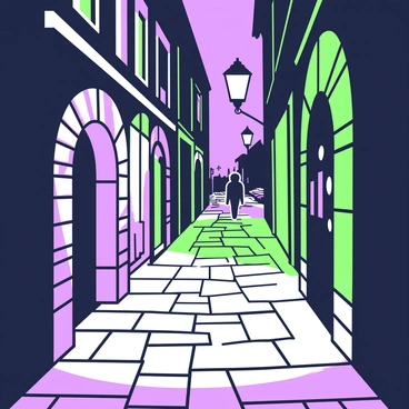 A cobblestone street is lined with old stone buildings that have arched windows and wooden doors. The street is dimly lit by vintage street lamps that cast soft light, creating areas of bright contrast against the dark, twisting shadows that creep along the uneven stones. In the background, a silhouetted figure is seen walking slowly, their outline blending into the shadows. The atmosphere is thick with an eerie sense of mystery as the shadows seem to move and shift, creating an unsettling feeling along the path.