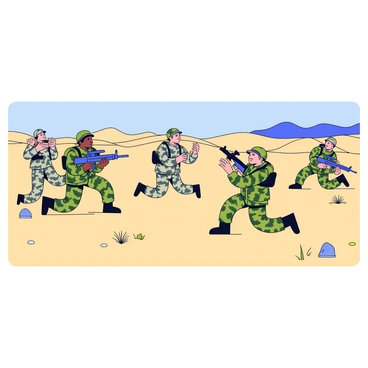 A group of soldiers in camouflage uniforms is participating in a coordinated training exercise in a desert environment. The soldiers are positioned strategically, some kneeling while others are standing. They are focused and communicating with each other using hand signals. The sandy ground is dotted with sparse vegetation and small rocks. In the background, there are distant sand dunes under a clear blue sky. Each soldier is equipped with tactical gear and carries their weapons in a ready position.