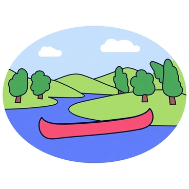 A canoe is rounding a gentle bend in a river. The canoe has a bright red color and is gently gliding over the water's surface. In the background, there are rolling hills covered with lush green trees and grass. The sky above is clear with a few fluffy white clouds. The water reflects the colors of the canoe and the surrounding landscape.