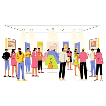 An art gallery filled with guests dressed in elegant attire. The guests are mingling and engaging in conversation, some holding glasses of champagne. Colorful and vivid illustrations hang on the white walls, showcasing various styles and themes. Spotlights illuminate the artworks, casting vibrant colors and shadows across the gallery. In the center of the room, there is a large abstract sculpture that draws attention, surrounded by small groups admiring it. The atmosphere is lively, with a sense of excitement in the air as people share their thoughts on the art.