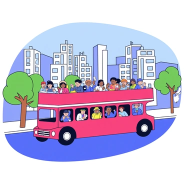 A bright red double-decker bus driving through a busy city street. The upper deck is filled with tourists, some standing and others sitting, all holding cameras and phones as they take photos of iconic city landmarks. In the background, tall buildings can be seen along with trees lining the street. The sky is clear and blue, indicating a sunny day.