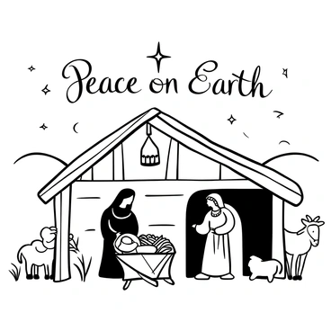 A nativity scene set in a historical Middle Eastern landscape, featuring a stable made of wooden beams and thatched roof. In the foreground, there is a manger filled with hay, with a baby figure lying inside, surrounded by a gentle glow. Nearby, there are figures of Mary and Joseph, both dressed in traditional attire, observing the scene quietly. A donkey and sheep are positioned next to the stable, adding to the rustic atmosphere. In the background, sand dunes and a starry sky can be seen, with a prominent star glowing above the stable. "Peace on Earth" is written in elegant lettering above the scene.