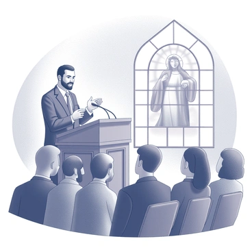 A preacher stands at a wooden pulpit. He is dressed in a formal suit, his expression is warm and inviting as he shares comforting words. The backdrop features a large stained glass window depicting a biblical scene, casting intricate patterns of light. A small congregation is seated in rows, listening attentively. The atmosphere is peaceful, highlighting the connection between the preacher and his audience as he gestures gently, emphasizing the message from "John 14".