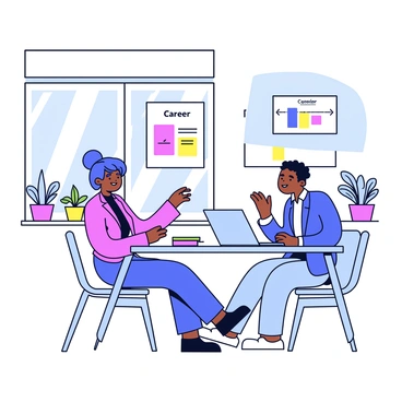 A career counselor is sitting at a modern desk in a bright office. The counselor is wearing a smart outfit and is engaged in a conversation with a young professional who is seated across from them. The office features large windows that let in plenty of natural light, and there are potted plants on the windowsill. On the desk, there are various career guides and a laptop open with a colorful chart displayed on the screen. The walls are painted in a soft, light color, and there is a motivational poster in a frame that reads "Your Future Awaits" hanging behind the counselor.