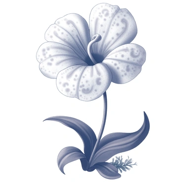 A moonflower with large, open petals. The petals exhibit intricate patterns that resemble swirling galaxies, showcasing detailed curves and swirls that mimic celestial formations. The flower stands tall with a sturdy green stem, surrounded by dark green leaves that provide a contrasting backdrop. The setting includes a soft-focus background with hints of other foliage, enhancing the moonflower's prominent features.