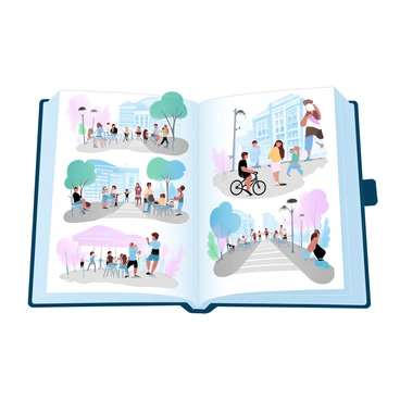 A sketchbook is open, revealing multiple medium-sized drawings that depict vibrant city streets. Each drawing captures busy pedestrians and cyclists moving through the bustling environment. Cafes dot the street corners, with patrons sitting at outdoor tables enjoying their beverages. The architecture of buildings in the background features a mix of modern and classic styles. Streetlights and trees line the sidewalks, adding depth to the scenes. The sketches are filled with intricate details, showcasing the lively atmosphere of urban life.