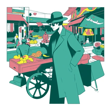 A teal spy wearing a dark trench coat is discreetly observing the vibrant marketplace filled with various stalls. The marketplace features colorful displays of fruits, vegetables, and fabrics, creating a lively atmosphere. The spy is leaning against a wooden cart, holding a small white notebook and a pen, jotting down notes. Various locals are busy shopping, and in the background, there are vivid banners fluttering in the breeze. A street vendor is selling bright yellow spices, adding to the rich sensory experience of the scene.