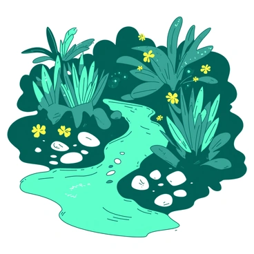 A teal garden filled with bioengineered plants that emit a soft glow in the dark. The plants have unique shapes and sizes, each illuminated with a gentle light, creating a magical atmosphere. There are vibrant yellow flowers scattered among the greenery, enhancing the glowing effect. The ground is covered with smooth white pebbles that reflect the light from the plants, adding contrast and texture to the scene. A subtle stream of water flows through the garden, mirroring the glow of the plants above.