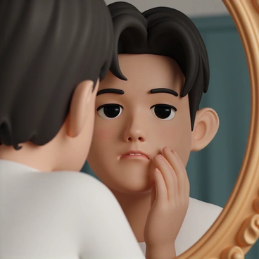 A close-up of a face, showcasing a person with short, dark hair and a contemplative expression. The individual is gazing thoughtfully into a mirror, allowing soft light to reflect off their skin. The mirror is framed in an ornate, antique style, enhancing the intimate atmosphere. Subtle shadows are cast across the face, emphasizing the depth of their expression. The background features a soft blur of muted colors, keeping the focus on the person’s reflection.