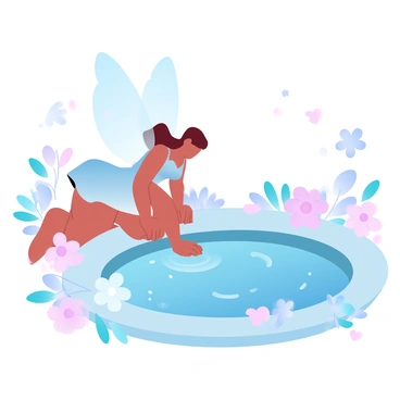 A shimmering pond reflects the surrounding environment, adorned with the delicate hues of various flowers. The water's surface glimmers under subtle light, creating a tranquil scene. A fairy with translucent wings is gently leaning over the edge of the pond, peering into the water. The flowers around the pond are vibrant, showcasing a mixture of colors and types, enhancing the enchanting atmosphere. The fairy's attire is intricately designed with natural elements that blend harmoniously with the surroundings.