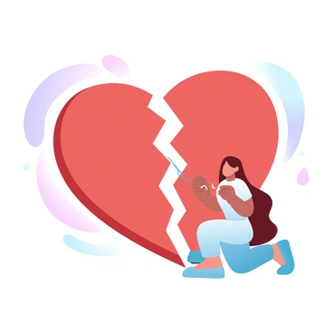 A large, broken heart is prominently displayed in the center of the image, with visible cracks and jagged edges. A character is kneeling beside the heart, holding a needle and thread, actively stitching the heart back together. The character is wearing a simple, colorful outfit, and their hands are delicately maneuvering the thread through the heart. Surrounding the character, there are small droplets falling from their eyes, symbolizing tears of relief. The background features soft, gradient pastel colors blending into one another, enhancing the emotional atmosphere of the scene.