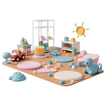 A playroom with a wooden floor, covered in an array of colorful toys and building blocks. Soft, plush rugs are placed in various sections of the room. The toys include a bright red fire truck, a blue dinosaur, and soft stuffed animals. Building blocks of multiple colors and shapes are scattered throughout, some stacked precariously. A small table with crayons and coloring books is positioned in one corner, while a playful, sunny light filters in from a nearby window, illuminating the cheerful chaos.