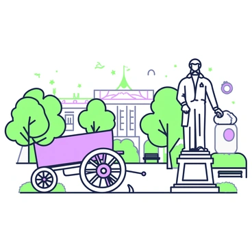 An empty cart next to a historic statue in a public square