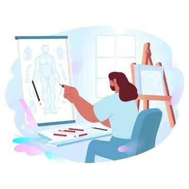 An artist at work sketching human anatomy on a canvas