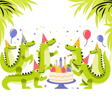 A group of green crocodiles wearing colorful party hats is celebrating in a lush jungle. Some crocodiles are dancing joyfully, while others are gathered around a large, round cake with frosting. Brightly colored balloons float above them in shades of red, blue, and yellow. Confetti in various shapes and colors is scattered on the ground and falling from the trees. The background features dense green foliage and vibrant flowers, adding to the festive atmosphere of the party.