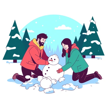 A couple is building a snowman together in a winter wonderland. The man is shaping a large snowball, while the woman is rolling a smaller one nearby. Both are wearing colorful winter jackets, with the man's jacket being red and the woman's jacket being teal. Snowflakes are gently falling around them, creating a soft white blanket on the ground. In the background, tall evergreen trees are dusted with white snow, and there is a clear blue sky peeking through the trees. The couple has joyful expressions as they work together, surrounded by the serene beauty of the winter landscape.