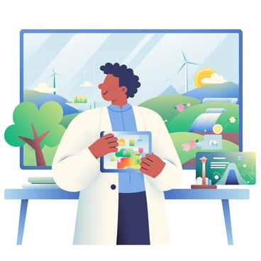 An engineer with light brown skin and short, curly black hair is standing in a futuristic laboratory filled with various energy models and diagrams. The engineer is wearing a white lab coat over a blue shirt and is intently examining a holographic display showing renewable energy sources such as solar panels, wind turbines, and hydroelectric dams. Behind the engineer, a large window reveals a vibrant landscape with lush green trees, colorful flowers, and a clear blue sky. In the distance, wind turbines rotate gently on hills, and solar panels glisten under the sunlight. The atmosphere in the lab is bright, with ample natural light streaming in through the window.