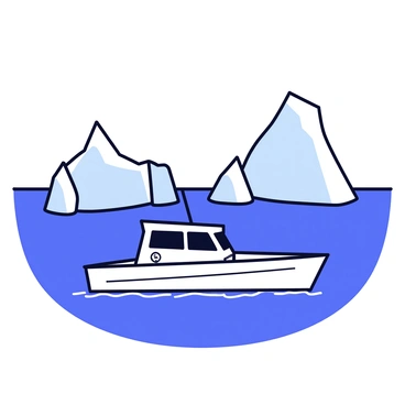 A small research boat with a white hull and a blue stripe is navigating through Antarctic waters. The boat has a streamlined design with a scientific logo displayed on the side. Surrounding the boat are large, towering icebergs with jagged edges, glistening in shades of white and light blue. The water is a deep, vibrant blue, with small waves lapping around the boat. The sky is clear, providing a bright backdrop to the icy landscape.