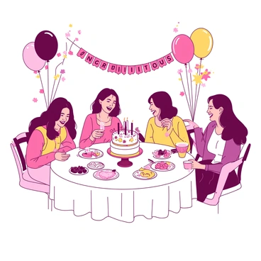 A white table is beautifully set for a festive bridal shower, adorned with colorful decorations and flowers. Around the table, a group of friends is laughing and enjoying themselves, each holding a drink. Some friends are engaged in a game, with one person reading cards while others are eagerly participating. Balloons in vibrant colors are floating above, and a "Congratulations" banner is hung in the background. A cake decorated with intricate designs sits prominently on the table, surrounded by small plates filled with treats.