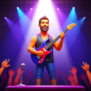 A musician standing on stage with a vibrant spotlight shining down, holding a shiny electric guitar. The musician is wearing a stylish outfit with a microphone stand nearby. The background features an audience with raised hands, and colorful lights are illuminating the scene. The musician has an expression of determination and joy, immersed in the atmosphere of a successful concert.