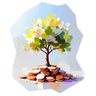 A tree with lush green leaves and branches made of various denominations of banknotes is rising from a large pile of shiny coins. The coins are scattered around the base of the tree, glistening in the light. The trunk of the tree appears sturdy and thick, symbolizing strength and stability. The banknotes flutter gently in a soft breeze, creating a sense of movement. Above the scene, the sky is a clear blue, adding a sense of optimism and growth. The overall composition emphasizes the concept of investment growth through the vibrant tree and the abundant pile of coins below.