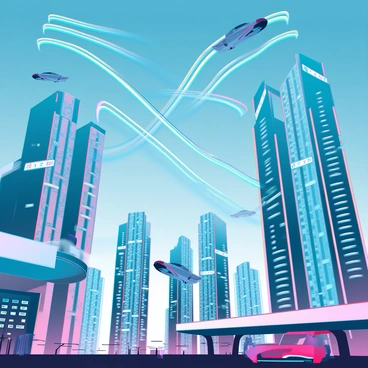 A network of aerial routes for flying cars over a bustling city