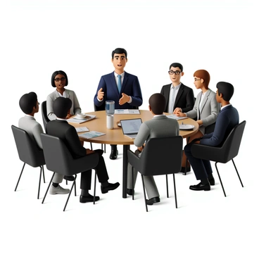 A private equity fund manager with short, dark hair and wearing a navy suit, sits confidently at a round table. He has a focused expression and gestures with one hand as he speaks. Surrounding him are several diverse individuals, including a woman with curly hair in a light gray blazer and a man with glasses in a black suit, all listening attentively. On the table are various financial documents, a laptop, and a coffee cup. The setting is well-lit, giving a professional atmosphere to the discussion.
