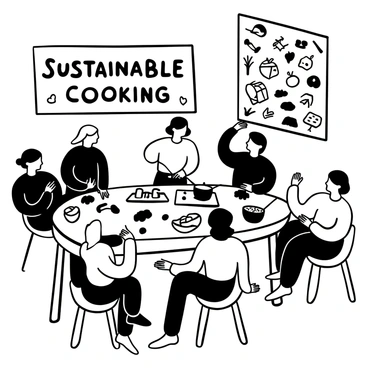 A group of people gathered around a large wooden table in a community kitchen, attentively observing a chef demonstrating various cooking techniques. There are fresh vegetables and herbs neatly arranged on the table, and several pots and pans are placed on a stove. One person is taking notes, while another is measuring ingredients. A poster on the wall displays the words "Sustainable Cooking" prominently, surrounded by illustrations of farm produce and eco-friendly practices. The atmosphere is busy and focused, with everyone engaged in the learning process.