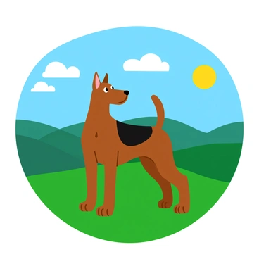 A brown and black Doberman standing majestically on a grassy hilltop. The dog has its head held high and ears perked up, gazing into the distance. The backdrop features a panoramic view of rolling hills and a clear blue sky. The sun is shining brightly, casting soft shadows on the ground around the dog. A few fluffy white clouds drift across the sky, adding a playful touch to the scene.