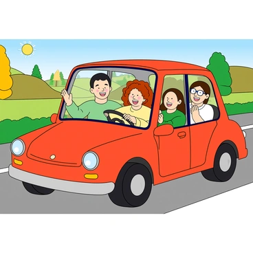 A group of four friends with diverse appearances are laughing and singing inside a compact car. The driver, a young man with short black hair, is smiling widely. Beside him, a young woman with curly red hair is enthusiastically holding a microphone, pretending to sing. In the backseat, a tall man with glasses is making funny faces, while a young woman with long brown hair is clapping and smiling. The car windows are rolled down, allowing the fresh air to flow in, and colorful trees and rolling hills can be seen passing by outside. The sun is shining brightly, casting playful shadows inside the car. The atmosphere is cheerful and filled with energy, reflecting the joy of their road trip.
