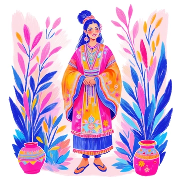 A person is standing confidently in a vibrant traditional outfit that represents their culture. The attire is intricately designed, featuring bold colors and patterns that reflect cultural significance. The person has their hair styled in a way that mirrors traditional customs. They are smiling brightly, showcasing a sense of pride and happiness. Surrounding them are decorative elements that hint at their heritage, such as cultural symbols or artifacts that complement their outfit.
