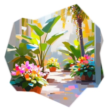 A tropical garden scene featuring a variety of lush green plants, including large palm leaves and vibrant flowers in shades of red, yellow, and blue. The garden is densely populated with foliage, creating a rich tapestry of texture and color. In the foreground, there are clusters of brightly colored blooms, while the background shows taller plants with trailing vines. Sunlight filters through the leaves, casting playful shadows on the ground, enhancing the vivid colors of the flowers and plants.