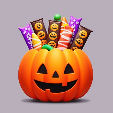 A spooky gift bag with a pumpkin design, featuring an orange and black color scheme. The bag is adorned with intricate carvings of jack-o'-lantern faces. It is overflowing with various Halloween treats, including chocolate bars wrapped in spooky wrappers, candy corn, and gummy worms. Some treats peek out from the top of the bag, creating a festive and enticing appearance. The background is a subtle dark color to enhance the Halloween theme.