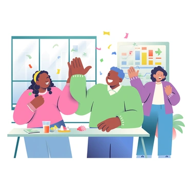 A sales team celebrating a big deal with confetti and high-fives in the office