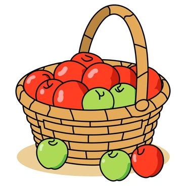 A large, round wicker basket with a textured, woven design. The basket is overflowing with shiny red apples, their surfaces reflecting light, alongside several vibrant green apples with a smooth finish. The apples are spilling over the edges of the basket, with a few resting on the ground nearby. The basket has a sturdy handle, made of the same wicker material, and the scene is set on a light wooden surface.