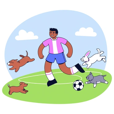 Cristiano Ronaldo is on a bright green soccer field, dribbling a black and white soccer ball. Surrounding him are a variety of playful animals including a small brown dog, a fluffy white cat, and a mischievous rabbit. The dog is jumping excitedly, trying to catch up with the ball, while the cat is playfully pouncing in the grass. The rabbit is hopping around, adding to the cheerful atmosphere. The sky above is clear and blue, with a few fluffy white clouds.