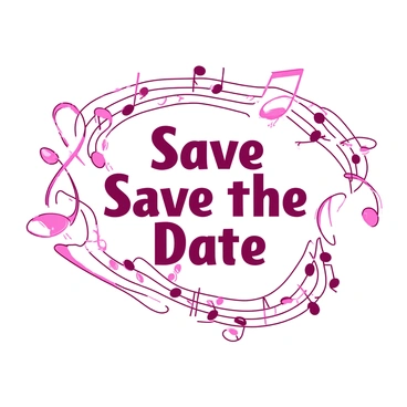 "Save the Date" is in a bold, elegant font at the center of the image. Surrounding this phrase are vibrant musical notes that appear to be dancing in various directions. The musical notes are in a {color_1} hue, contrasting against the {color_2} background. Some notes are larger, while others are smaller, creating a dynamic sense of movement around the central text. A few notes are intertwined, suggesting a playful rhythm as they swirl around "Save the Date." The overall composition conveys a lively and celebratory atmosphere.