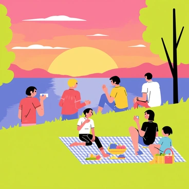 A group of people sitting on a grassy hillside, watching the sunset over "Lake Annecy". The sky is filled with vibrant shades of orange, pink, and purple as the sun sets on the horizon. Some individuals are taking photos, while others are relaxed, leaning back on their hands. In the foreground, a family is having a picnic with a checkered blanket and a basket of food. Trees border the hillside, adding to the peaceful atmosphere of the scene. The lake reflects the colorful sky, creating a beautiful mirror effect.