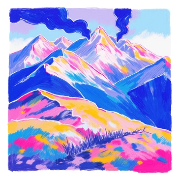 A rugged mountain range is situated in the background, with jagged peaks covered in snow. Below the mountains, dark smoke is rising into the sky, curling and twisting in the air. The scene conveys a sense of foreboding. In the foreground, patches of green grass contrast against the rocky terrain. The sky is a blend of deep blues and grays, hinting at an impending storm.